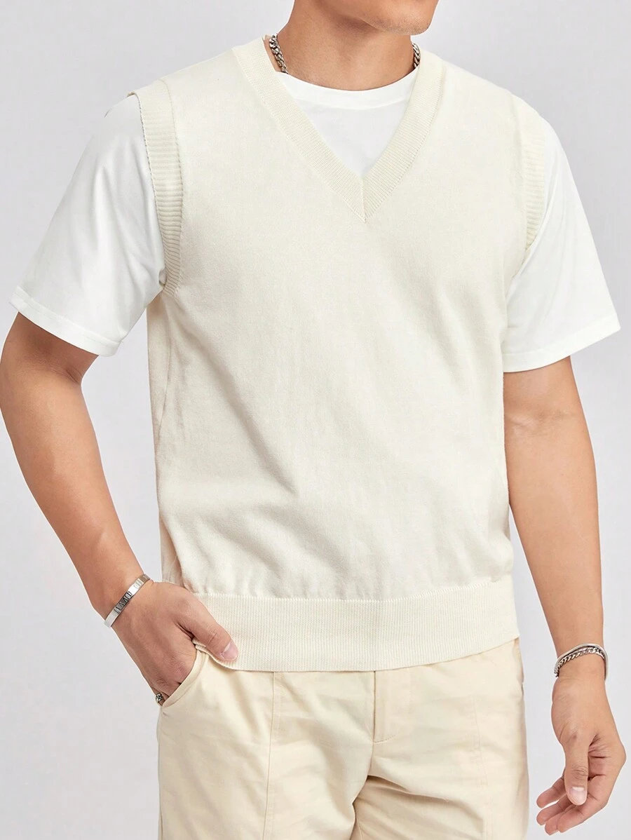 Manfinity NiteLyfe 男士素色毛衣背心不帶T恤 - 米色 - 查看 1