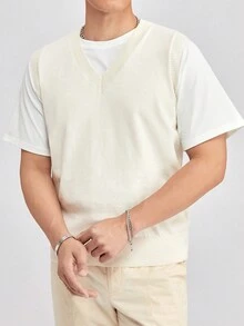 Manfinity NiteLyfe 男士素色毛衣背心不帶T恤 - 米色 - 查看 6