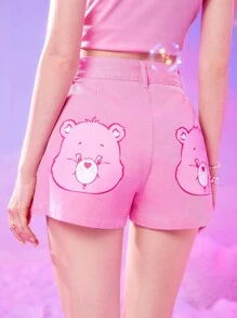 ROMWE X Care Bears 卡通圖案牛仔短褲 - 淺粉色 - 查看 1