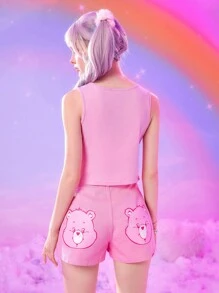 ROMWE X Care Bears 卡通圖案牛仔短褲 - 淺粉色 - 查看 2