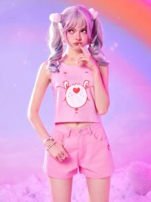 ROMWE X Care Bears 卡通圖案牛仔短褲 - 淺粉色 - 查看 3