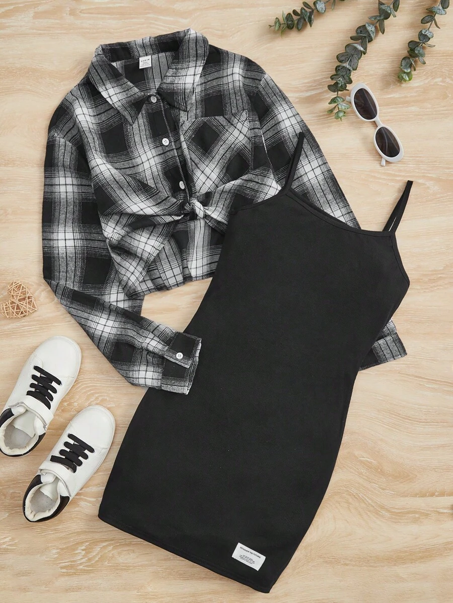 SHEIN Teen Girl Plaid Print Shirt & Cami Dress - Black and White - View 1
