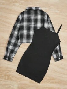 SHEIN Teen Girl Plaid Print Shirt & Cami Dress - Black and White - View 2