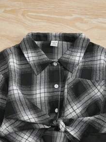 SHEIN Teen Girl Plaid Print Shirt & Cami Dress - Black and White - View 3