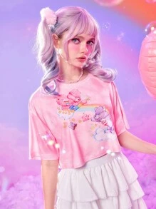 ROMWE X Care Bears 紮染卡通圖案短款T恤 - 粉色 - 查看 1