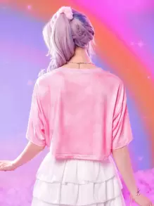 ROMWE X Care Bears 紮染卡通圖案短款T恤 - 粉色 - 查看 2