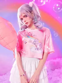 ROMWE X Care Bears 紮染卡通圖案短款T恤 - 粉色 - 查看 3