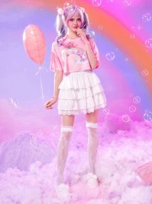 ROMWE X Care Bears 紮染卡通圖案短款T恤 - 粉色 - 查看 4