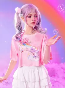 ROMWE X Care Bears 紮染卡通圖案短款T恤 - 粉色 - 查看 5
