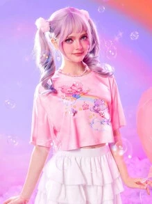 ROMWE X Care Bears 紮染卡通圖案短款T恤 - 粉色 - 查看 6