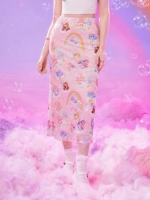 ROMWE X Care Bears Đồ họa Hoạt hình Lưới Váy - Hồng - Xem 1