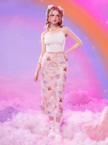 ROMWE X Care Bears Đồ họa Hoạt hình Lưới Váy - Hồng - Xem 3