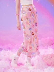 ROMWE X Care Bears Đồ họa Hoạt hình Lưới Váy - Hồng - Xem 4