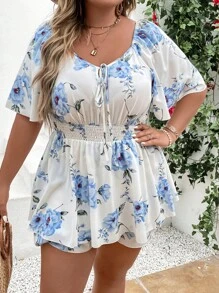 SHEIN Holidaya 大碼印花前打結連身短褲 - 白色 - 查看 1