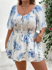 SHEIN Holidaya 大碼印花前打結連身短褲 - 白色 - 查看 4