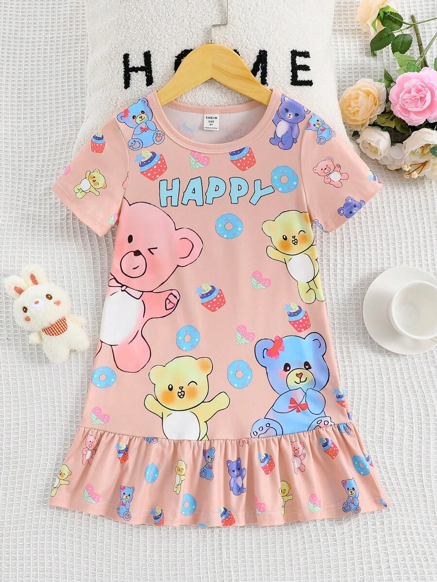 女小童卡通和字母圖案睡裙