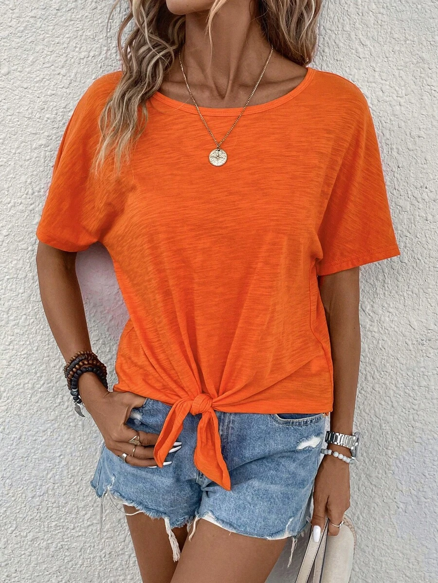 SHEIN LUNE Áo thun nữ Thắt nút màu trơn Giải trí - trái cam - Xem 1
