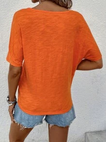 SHEIN LUNE Áo thun nữ Thắt nút màu trơn Giải trí - trái cam - Xem 2