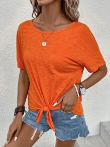 SHEIN LUNE Áo thun nữ Thắt nút màu trơn Giải trí - trái cam - Xem 3