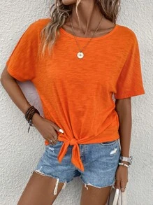 SHEIN LUNE Áo thun nữ Thắt nút màu trơn Giải trí - trái cam - Xem 4