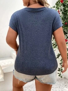 SHEIN LUNE 大碼拼接水溶蕾絲蝙蝠袖T恤 - 藏蓝色 - 查看 2