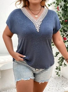 SHEIN LUNE 大碼拼接水溶蕾絲蝙蝠袖T恤 - 藏蓝色 - 查看 6