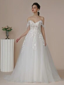 Vestido de novia de hombros descubiertos aplique con malla - Blanco - Ver 1