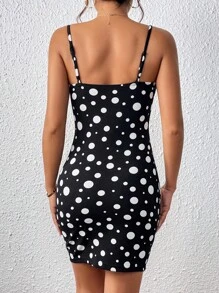 SHEIN Privé 波卡圓點貝殼邊吊帶緊身連衣裙 - 黑與白 - 查看 2