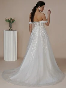 Vestido de novia de hombros descubiertos aplique con malla - Blanco - Ver 2