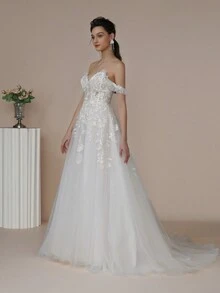Vestido de novia de hombros descubiertos aplique con malla - Blanco - Ver 3