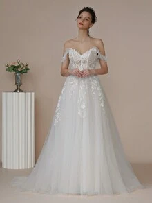 Vestido de novia de hombros descubiertos aplique con malla - Blanco - Ver 4