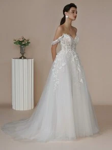 Vestido de novia de hombros descubiertos aplique con malla - Blanco - Ver 5