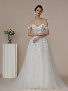 Vestido de novia de hombros descubiertos aplique con malla - Blanco - Ver 6