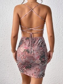 SHEIN Privé Figure & Floral Print Draped Collar Lace Up Backless Cami Bodycon Dress - Multicolor - View 2