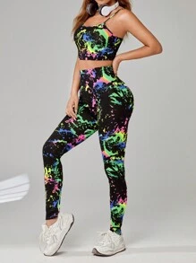 SHEIN EZwear Splash Ink Print Cami Top & Leggings - Multicolor - View 2