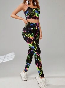SHEIN EZwear Splash Ink Print Cami Top & Leggings - Multicolor - View 4