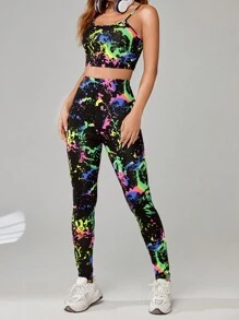 SHEIN EZwear Splash Ink Print Cami Top & Leggings - Multicolor - View 6