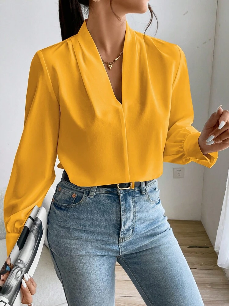 Firerie Women's Daily Casual Elegant Fashion Leopard Print V-Neck Long Sleeve Shirt, Music Festival Commute Office Old Money,Long Sleeve Tops - Yellow - View 4