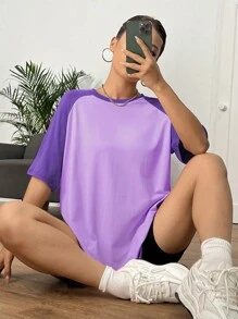 SHEIN EZwear Áo thun nữ Khối Màu Giải trí - Màu tím - Xem 1