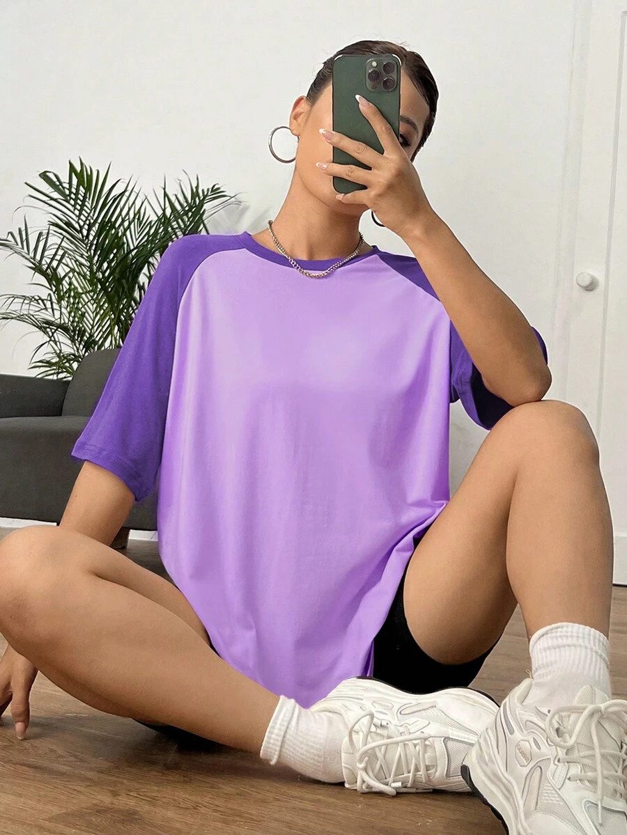 SHEIN EZwear Áo thun nữ Khối Màu Giải trí - Màu tím - Xem 1