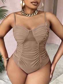 SHEIN SXY Plus Ruched Bustier Cami Bodysuit - Coffee Brown - View 1