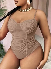 SHEIN SXY Plus Ruched Bustier Cami Bodysuit - Coffee Brown - View 4