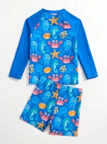 Chico joven Bañador de playa de rayas & con estampado de dibujos animados - Azul y blanco - Ver 2