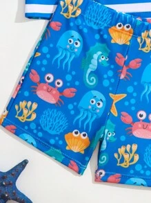 Chico joven Bañador de playa de rayas & con estampado de dibujos animados - Azul y blanco - Ver 5