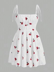 SHEIN MOD Vestido de tirantes con bordado con patrón de cereza de hombros con cordón - Blanco - Ver 1