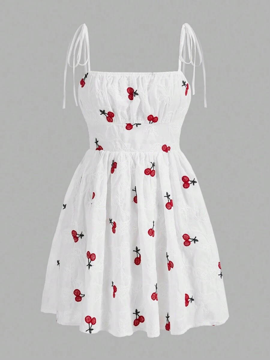 SHEIN MOD Vestido de tirantes con bordado con patrón de cereza de hombros con cordón - Blanco - Ver 1
