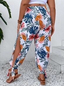 SHEIN Holidaya Plus Tropical Print Knot Hem Trousers - White - View 2