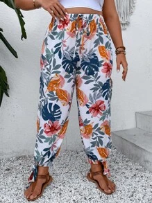 SHEIN Holidaya Plus Tropical Print Knot Hem Trousers - White - View 3