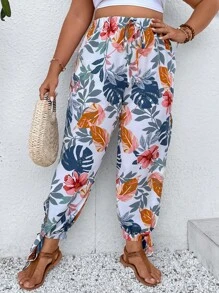 SHEIN Holidaya Plus Tropical Print Knot Hem Trousers - White - View 4