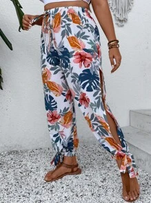SHEIN Holidaya Plus Tropical Print Knot Hem Trousers - White - View 5